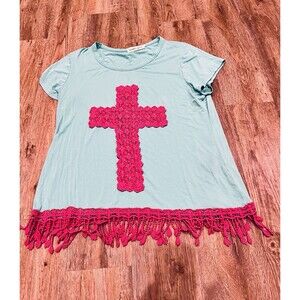 Southern Grace Blue Gray Orange Religious Graphic Fringe Crochet Top Tank Lot